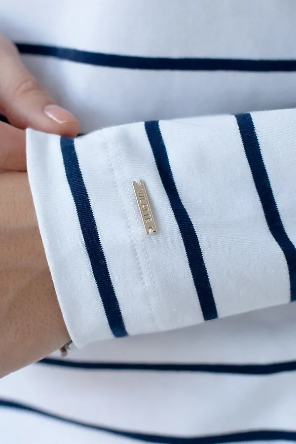 Лонгслив в полоску из премиального хлопка с эластаном VILATTE, белый-т.синий - фото 2