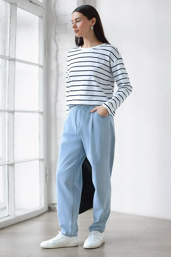 Лонгслив в полоску из премиального хлопка с эластаном VILATTE, белый-т.синий - фото 2