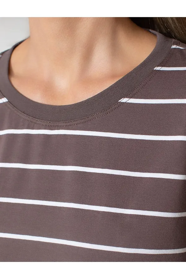 Лонгслив в полоску из премиального хлопка с эластаном VILATTE, кофе-белый - фото 2