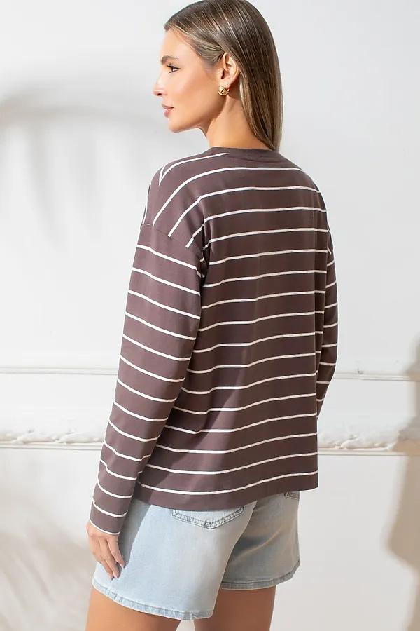 Лонгслив в полоску из премиального хлопка с эластаном VILATTE, кофе-белый - фото 2