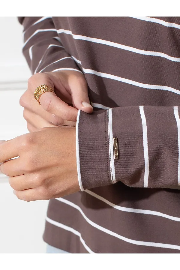 Лонгслив в полоску из премиального хлопка с эластаном VILATTE, кофе-белый - фото 2