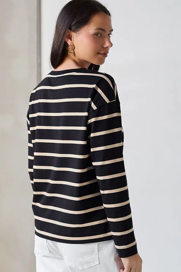 Лонгслив в полоску из премиального хлопка с эластаном VILATTE, черный-бежевый - фото 2