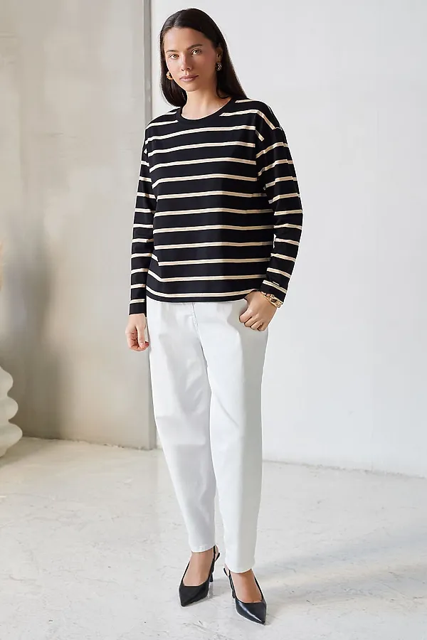 Лонгслив в полоску из премиального хлопка с эластаном VILATTE, черный-бежевый - фото 2