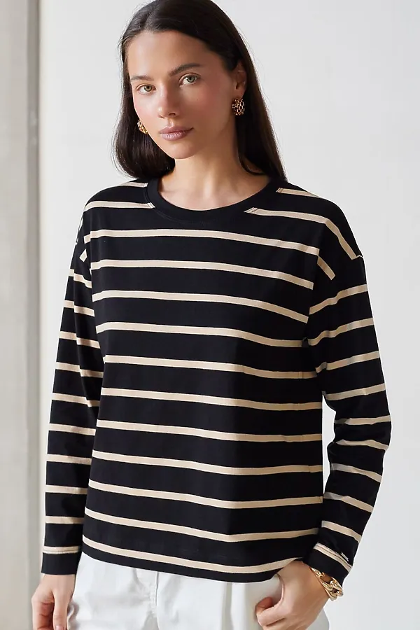 Лонгслив в полоску из премиального хлопка с эластаном VILATTE, черный-бежевый - фото 2