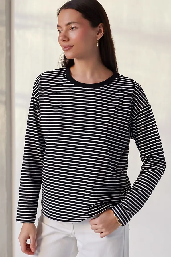 Лонгслив в полоску из премиального хлопка с эластаном VILATTE, черный-белый - фото 2