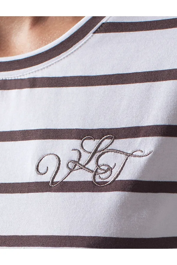 Лонгслив в полоску с рукавами-буфами из премиального хлопка с эластаном VILATTE, белый-кофе - фото 2
