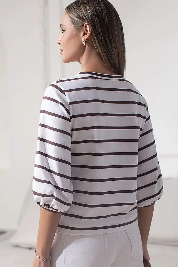Лонгслив в полоску с рукавами-буфами из премиального хлопка с эластаном VILATTE, белый-кофе - фото 2