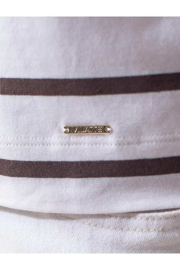 Лонгслив в полоску с рукавами-буфами из премиального хлопка с эластаном VILATTE, белый-кофе - фото 2