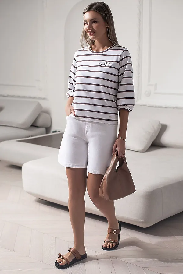 Лонгслив в полоску с рукавами-буфами из премиального хлопка с эластаном VILATTE, белый-кофе - фото 2