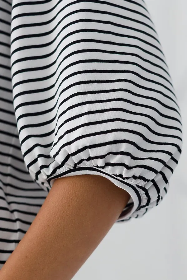 Лонгслив в полоску с рукавами-буфами из премиального хлопка с эластаном VILATTE, белый-черный - фото 2