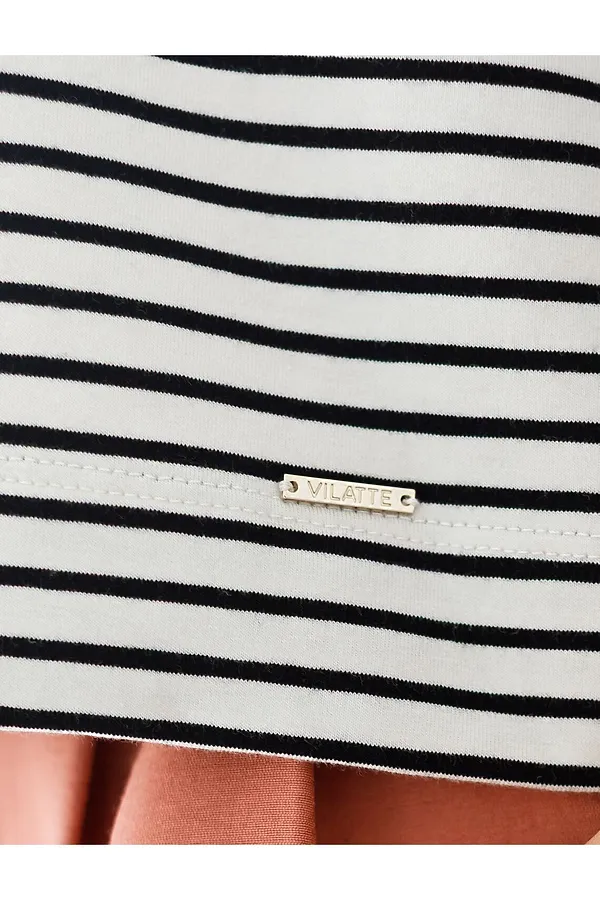 Лонгслив в полоску с рукавами-буфами из премиального хлопка с эластаном VILATTE, белый-черный - фото 2