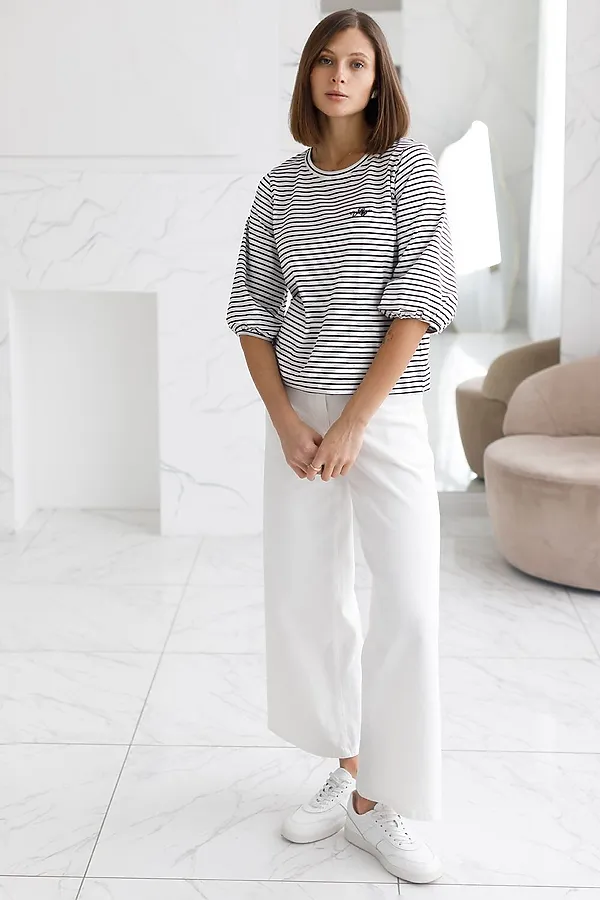 Лонгслив в полоску с рукавами-буфами из премиального хлопка с эластаном VILATTE, белый-черный - фото 2