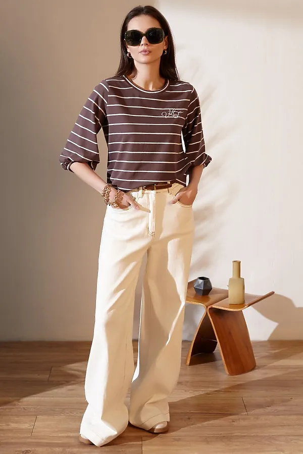 Лонгслив в полоску с рукавами-буфами из премиального хлопка с эластаном VILATTE, кофе-белый - фото 2