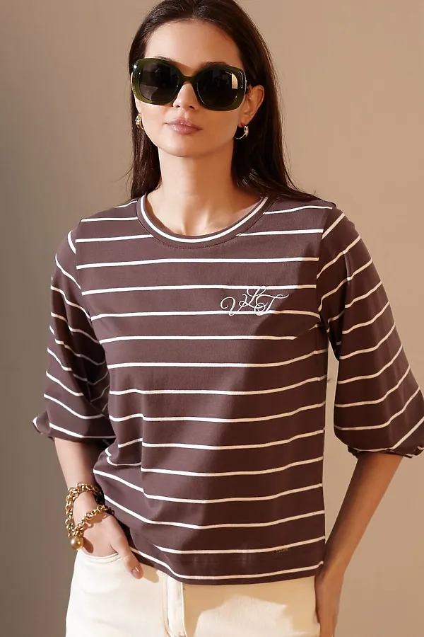 Лонгслив в полоску с рукавами-буфами из премиального хлопка с эластаном VILATTE, кофе-белый - фото 2