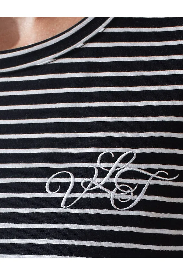 Лонгслив в полоску с рукавами-буфами из премиального хлопка с эластаном VILATTE, черный-белый - фото 2