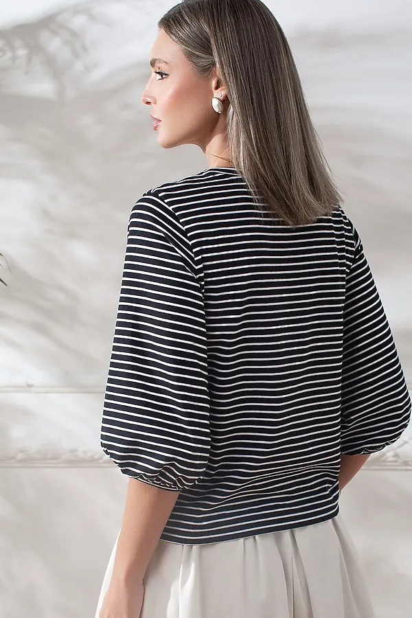 Лонгслив в полоску с рукавами-буфами из премиального хлопка с эластаном VILATTE, черный-белый - фото 2