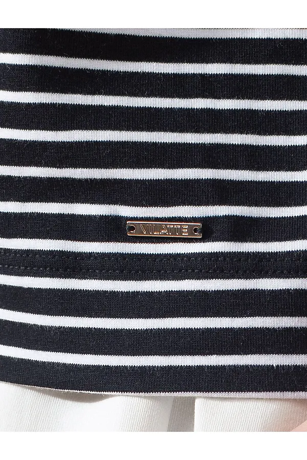 Лонгслив в полоску с рукавами-буфами из премиального хлопка с эластаном VILATTE, черный-белый - фото 2