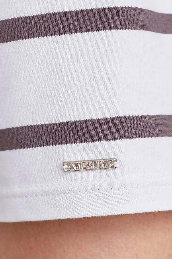 Базовая футболка в полоску полуприлегающая из премиального хлопка с эластаном VILATTE, белый-кофе - фото 2