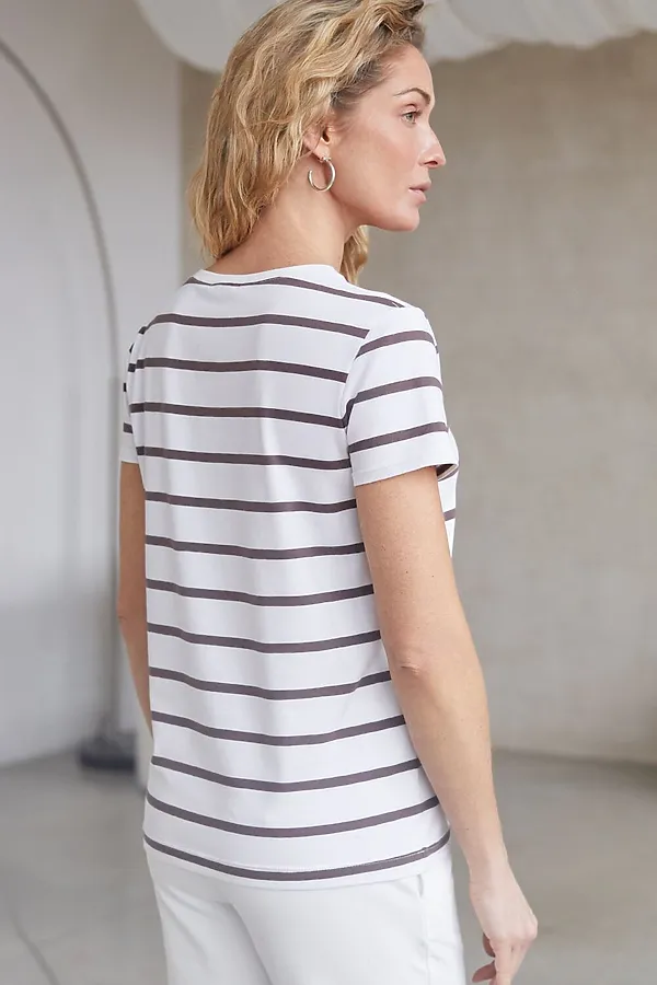 Базовая футболка в полоску полуприлегающая из премиального хлопка с эластаном VILATTE, белый-кофе - фото 2