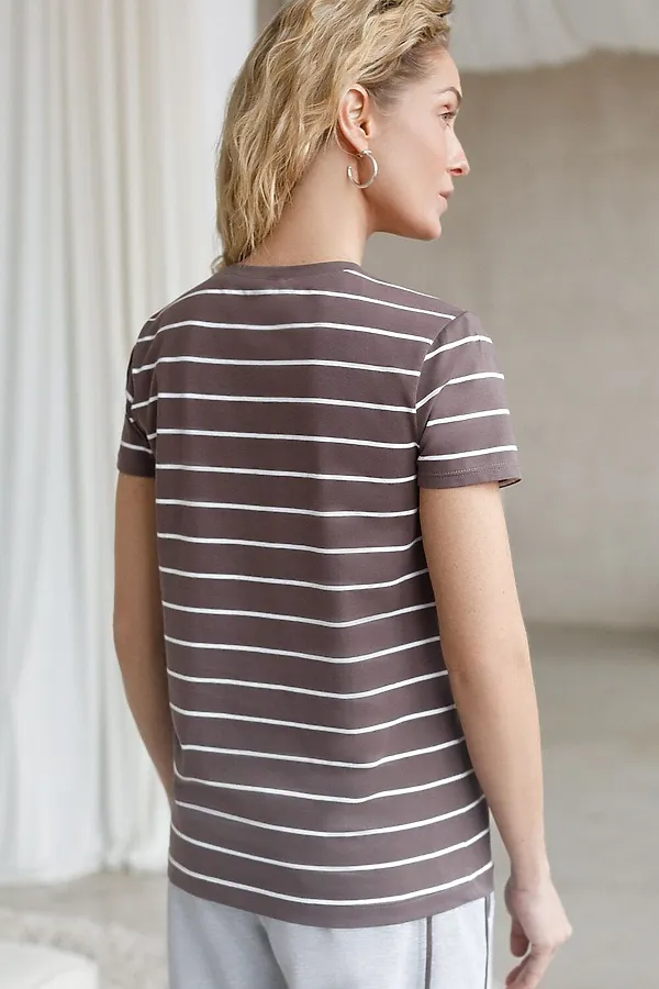 Базовая футболка в полоску полуприлегающая из премиального хлопка с эластаном VILATTE, кофе-белый - фото 2