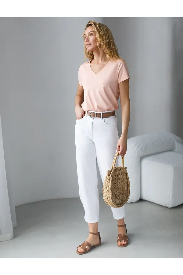 Базовая футболка из премиального хлопка с V образным вырезом VILATTE, пудра - фото 2