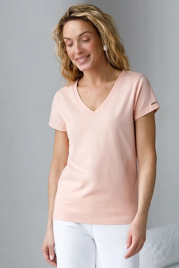 Базовая футболка из премиального хлопка с V образным вырезом VILATTE, пудра - фото 2