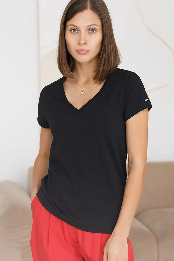 Базовая футболка из премиального хлопка с V образным вырезом VILATTE, черный - фото 2