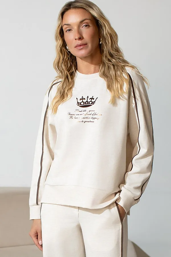 Свитшот с лампасами и разрезами из эластичного футера двухнитки без начеса VILATTE, овсяный меланж_queen - фото 2