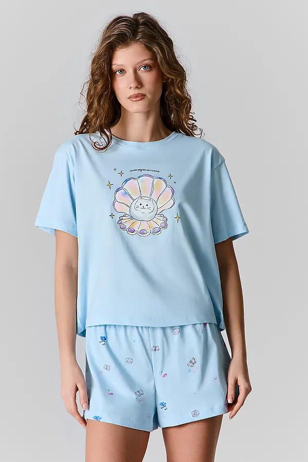 Комплект женский (футболка, шорты) MARK FORMELLE, голубое небо +ракушки на голубом - фото 2