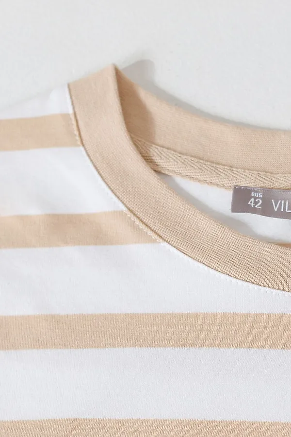 Свободная футболка в полоску с принтом из премиального хлопка с эластаном VILATTE, белый-бежевый_листья - фото 2