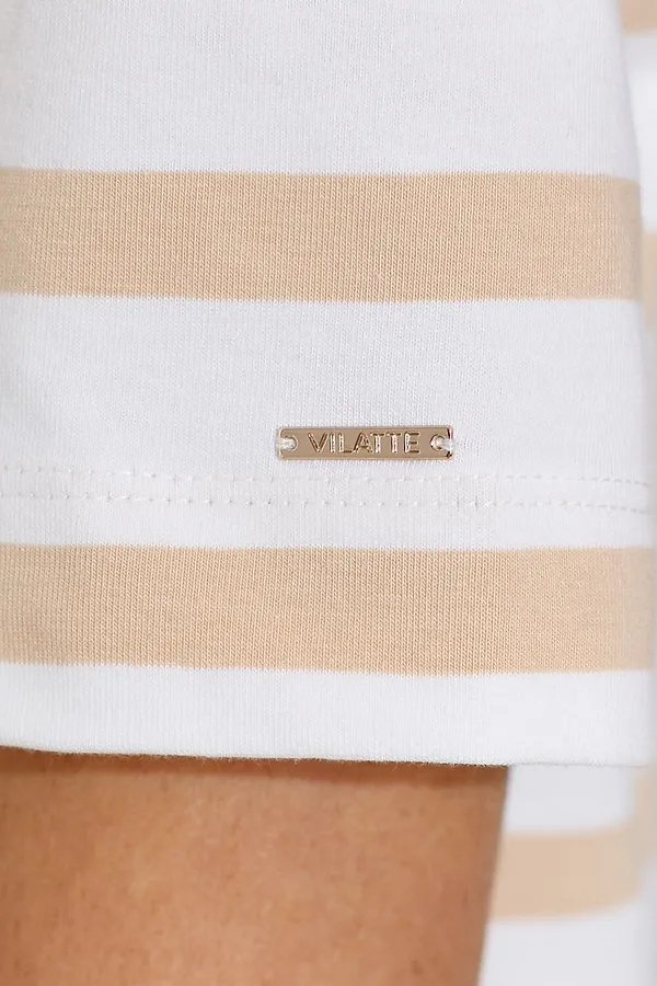 Свободная футболка в полоску с принтом из премиального хлопка с эластаном VILATTE, белый-бежевый_листья - фото 2
