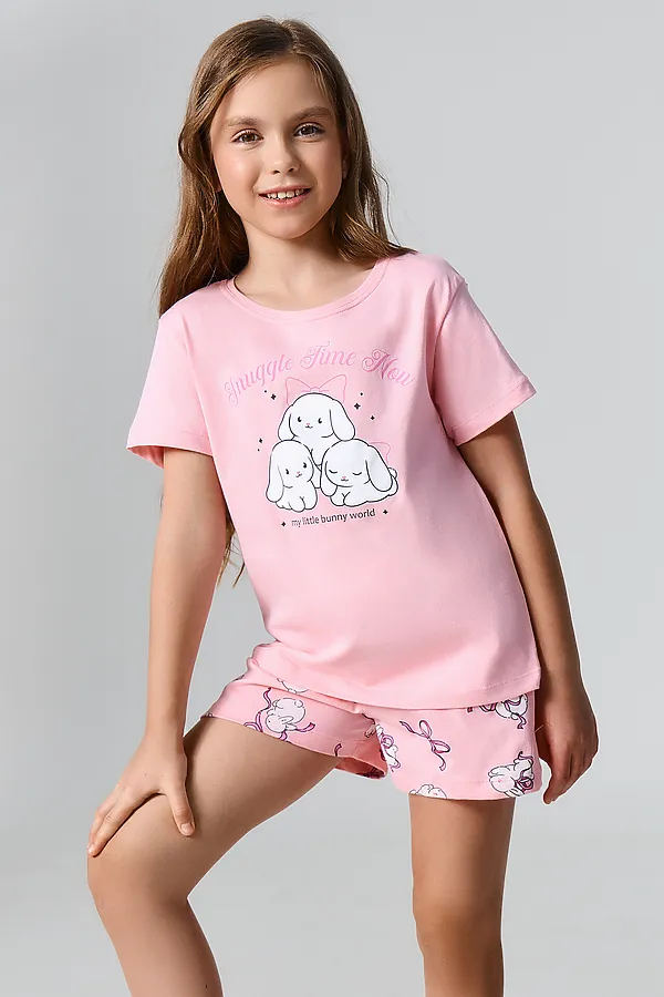Комплект для девочек (футболка, шорты) MARK FORMELLE, розовый +зайчики на розовом - фото 2