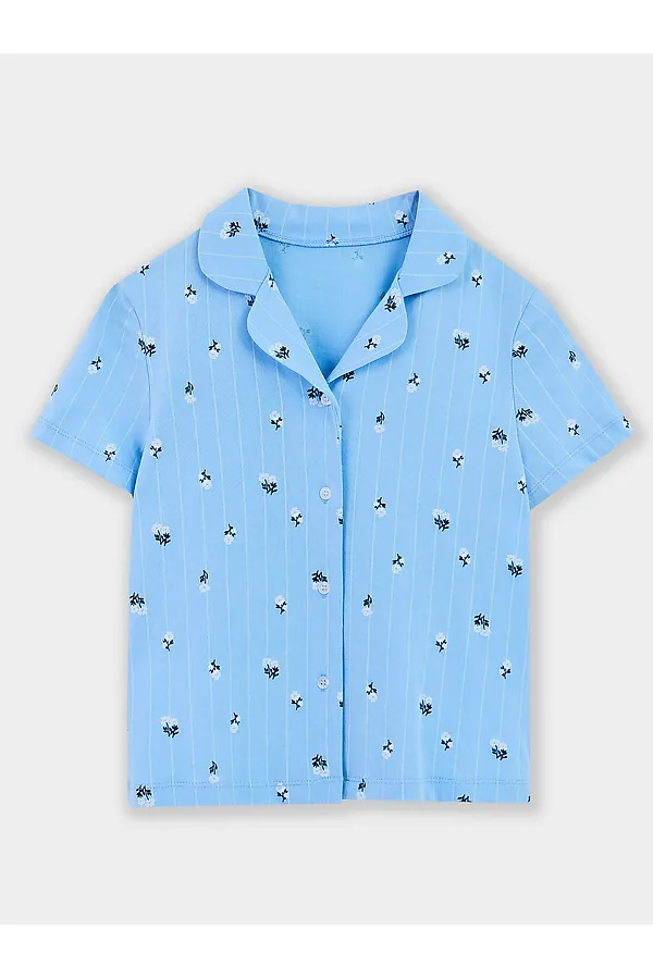 Комплект для девочек (рубашка, шорты) MARK FORMELLE, цветы на голубой полоске - фото 2