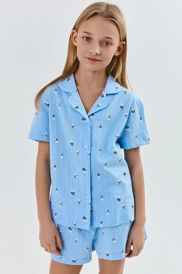 Комплект для девочек (рубашка, шорты) MARK FORMELLE, цветы на голубой полоске - фото 2