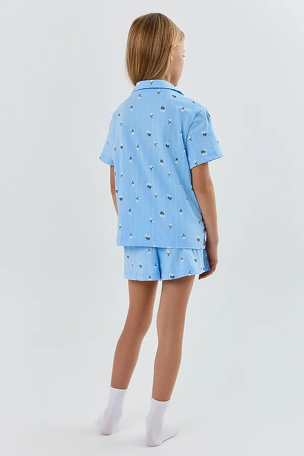 Комплект для девочек (рубашка, шорты) MARK FORMELLE, цветы на голубой полоске - фото 2