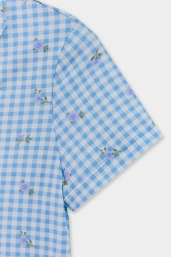 Комплект для девочек (рубашка, шорты) MARK FORMELLE, голубая клетка с цветами - фото 2