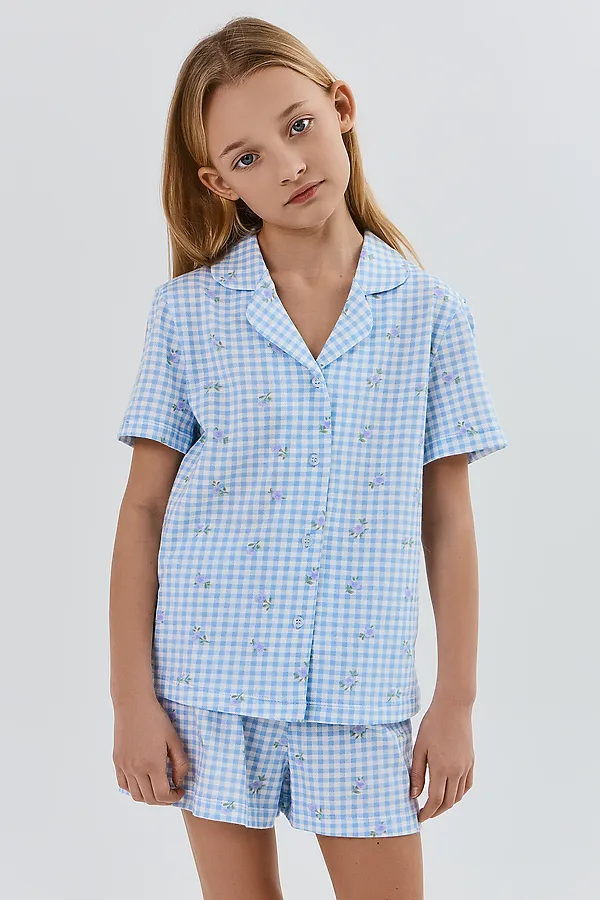 Комплект для девочек (рубашка, шорты) MARK FORMELLE, голубая клетка с цветами - фото 2