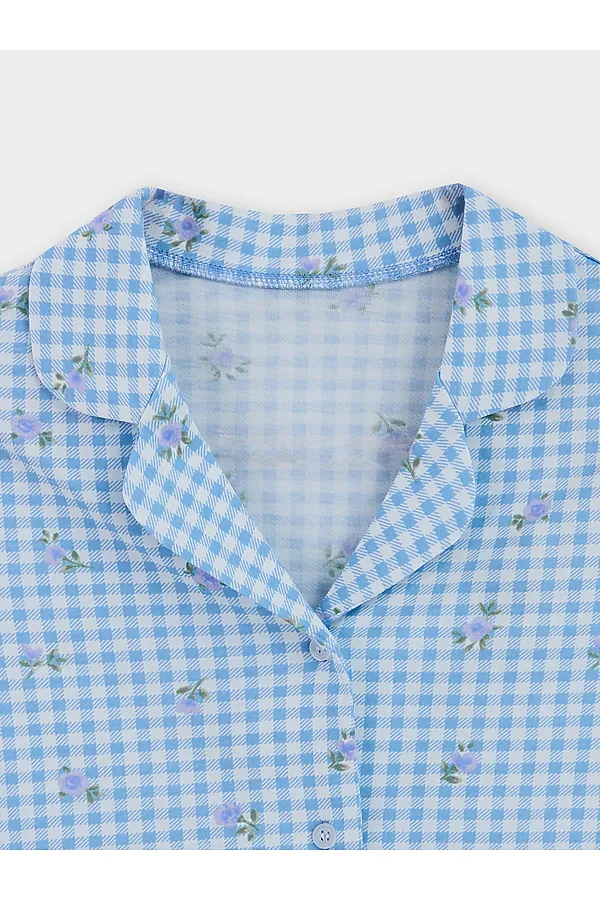Комплект для девочек (рубашка, шорты) MARK FORMELLE, голубая клетка с цветами - фото 2