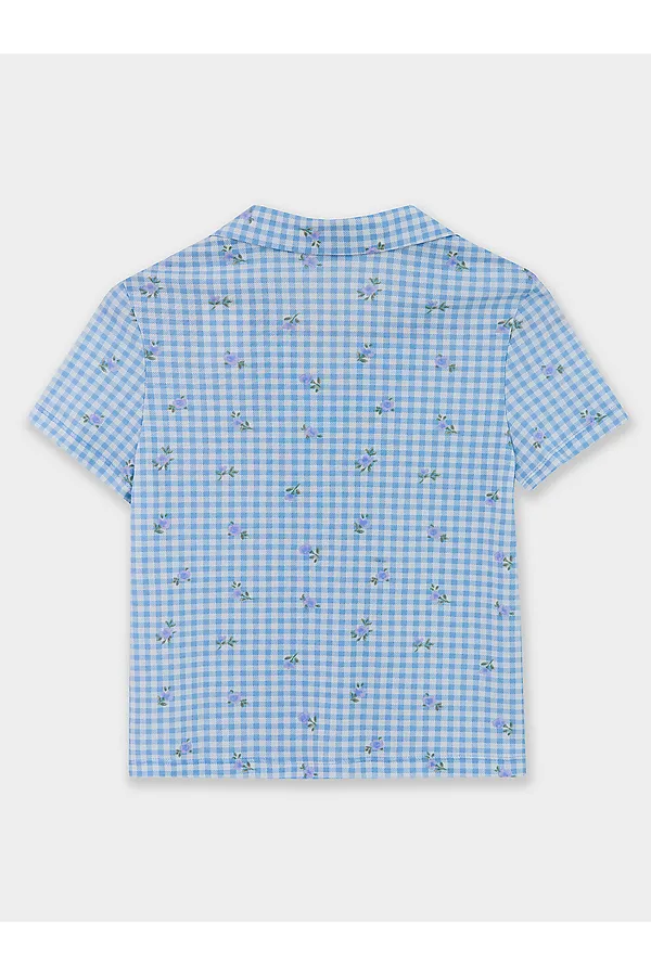Комплект для девочек (рубашка, шорты) MARK FORMELLE, голубая клетка с цветами - фото 2