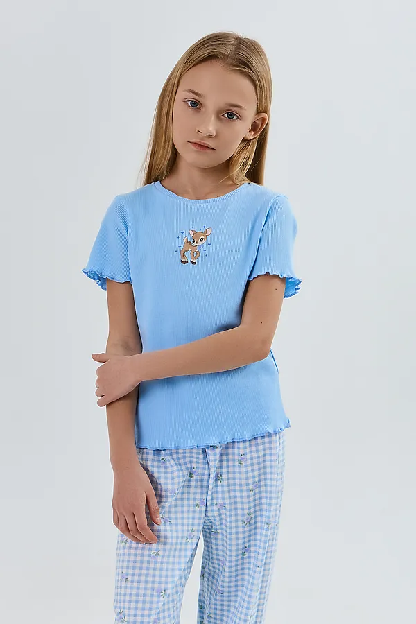 Комплект для девочек (джемпер, брюки) MARK FORMELLE, небо +голубая клетка с цветами - фото 2