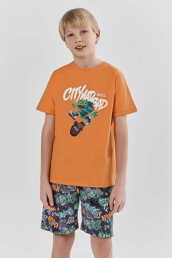 Комплект для мальчиков (футболка, шорты) MARK FORMELLE, мандарин +надписи на графите - фото 2