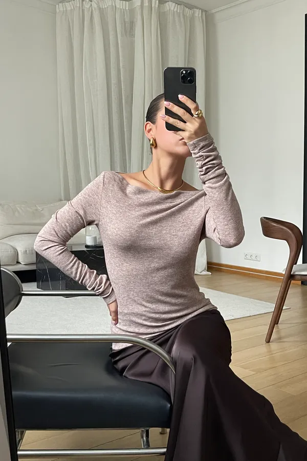 Лонгслив облегающий полупрозрачный с длинным рукавом НАТАЛИ, кофейный - фото 2