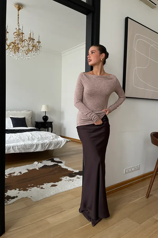 Лонгслив облегающий полупрозрачный с длинным рукавом НАТАЛИ, кофейный - фото 2