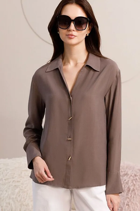 Блузка с широкими манжетами из вискозы с лиоцеллом VILATTE, кофейный - фото 2
