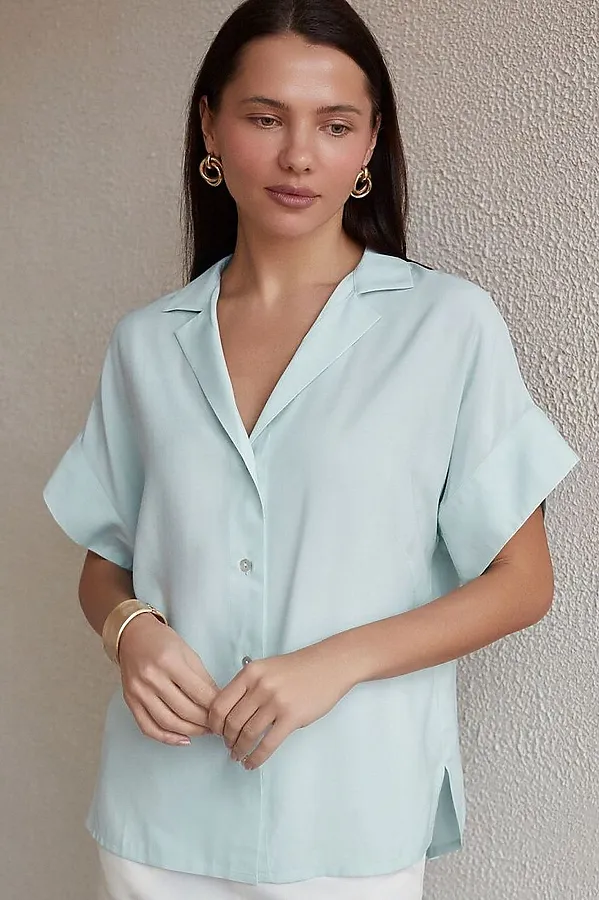 Блузка с коротким рукавом из вискозы с лиоцеллом VILATTE, светло-лазурный - фото 2