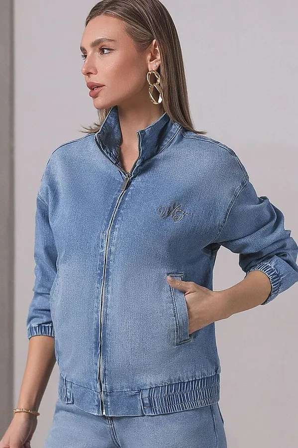 Джинсовый бомбер на молнии из облегченного денима VILATTE, голубой - фото 2