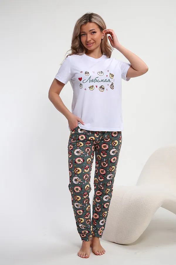 Пижама с брюками Любимая Пончики НАТАЛИ, белый/зеленый - фото 2
