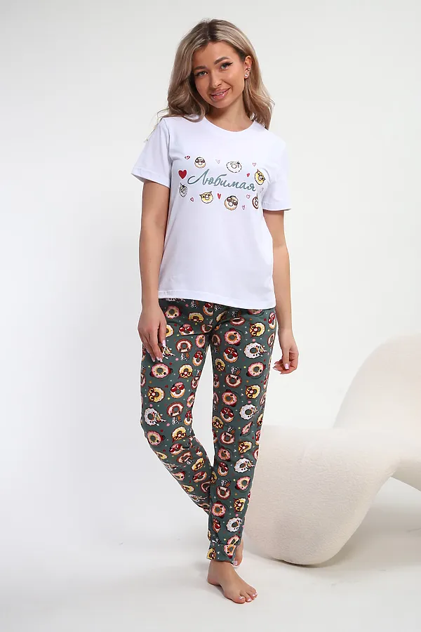 Пижама с брюками Любимая Пончики НАТАЛИ, белый/зеленый - фото 2