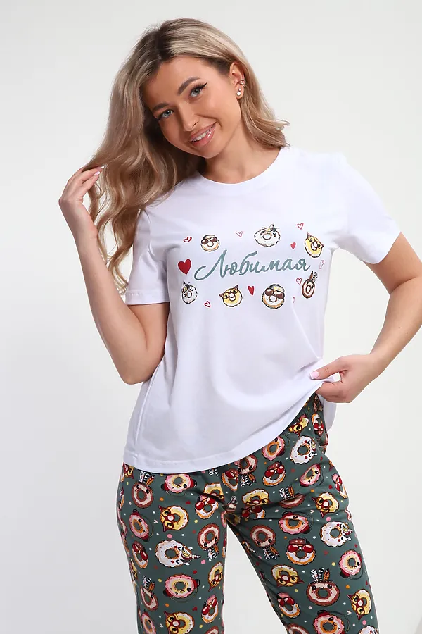 Пижама с брюками Любимая Пончики НАТАЛИ, белый/зеленый - фото 2