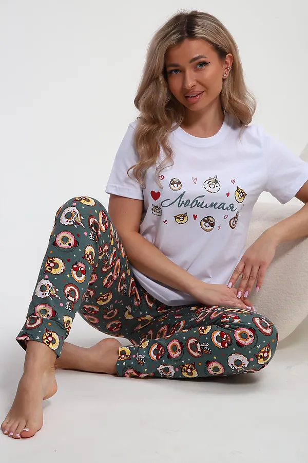 Пижама с брюками Любимая Пончики НАТАЛИ, белый/зеленый - фото 2